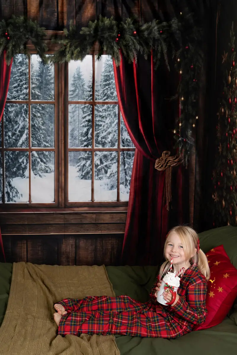 ⚡Blitzangebote #2-Kate Weihnachten Roter Vorhang Dunkelbraun Gerahmtes Fenster Zimmer Set - Kate Backdrop.de
