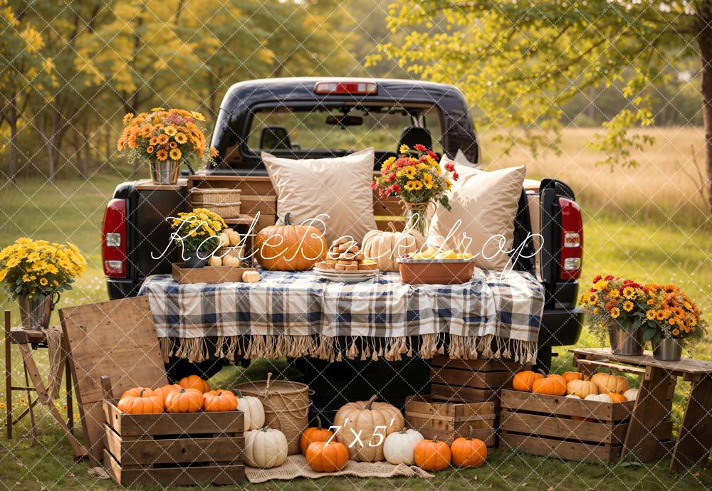 Kate Herbst Forest Colorful Flower Pumpkin Pillow Truck Hintergrund Entworfen von Emetselch - Kate Backdrop.de