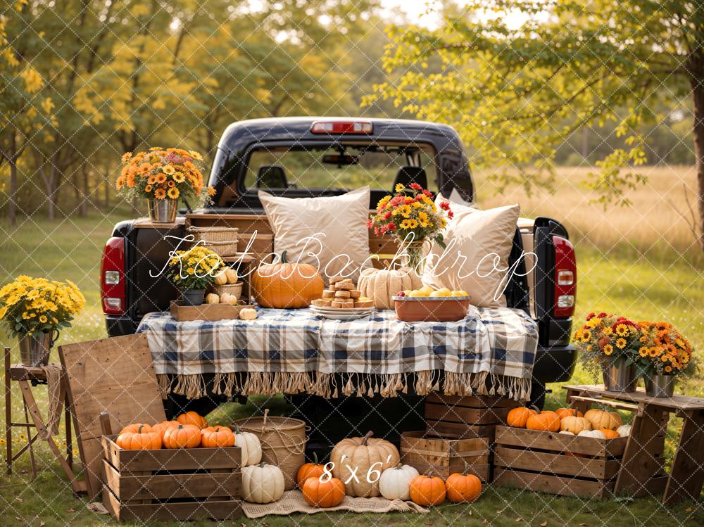 Kate Herbst Forest Colorful Flower Pumpkin Pillow Truck Hintergrund Entworfen von Emetselch - Kate Backdrop.de