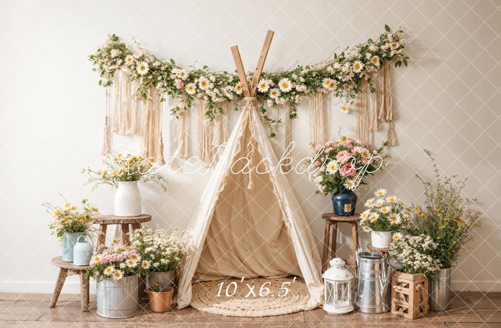 Kate Boho Geburtstag Bunte Blumen Weißes Zelt Hintergrund Entworfen von Emetselch - Kate Backdrop.de