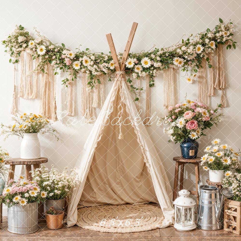 Kate Boho Geburtstag Bunte Blumen Weißes Zelt Hintergrund Entworfen von Emetselch - Kate Backdrop.de