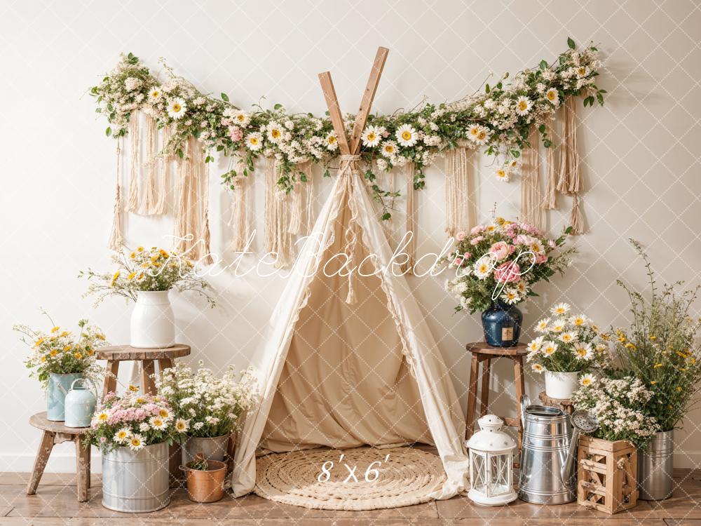 Kate Boho Geburtstag Bunte Blumen Weißes Zelt Hintergrund Entworfen von Emetselch - Kate Backdrop.de