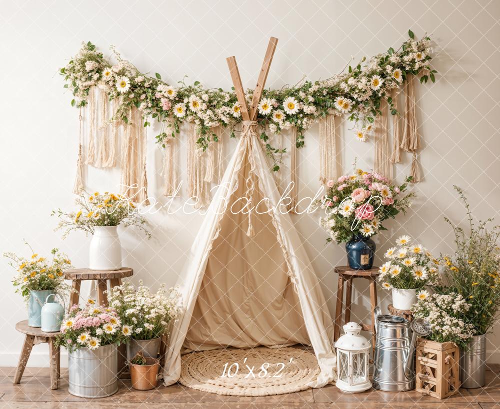 Kate Boho Geburtstag Bunte Blumen Weißes Zelt Hintergrund Entworfen von Emetselch - Kate Backdrop.de