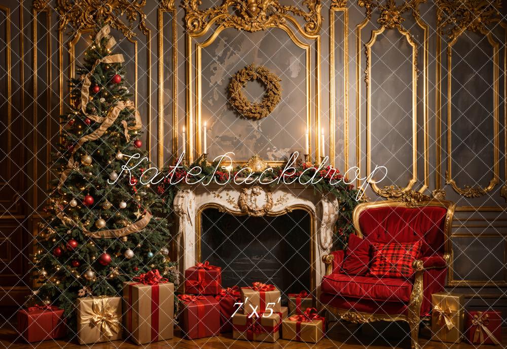 Kate Weihnachten Vintage Luxury White Fireplace Grey Golden Wall Hintergrund Entworfen von Emetselch - Kate Backdrop.de