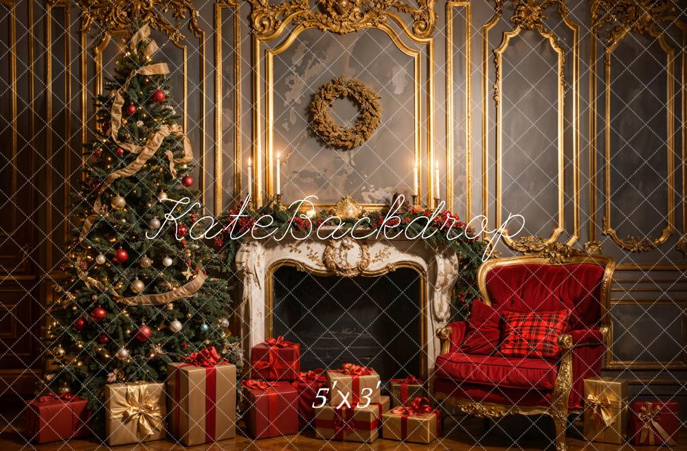 Kate Weihnachten Vintage Luxury White Fireplace Grey Golden Wall Hintergrund Entworfen von Emetselch - Kate Backdrop.de