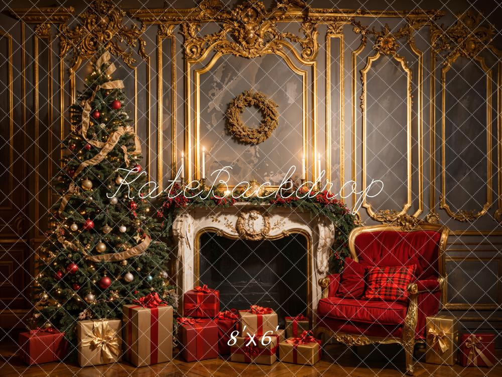 Kate Weihnachten Vintage Luxury White Fireplace Grey Golden Wall Hintergrund Entworfen von Emetselch - Kate Backdrop.de