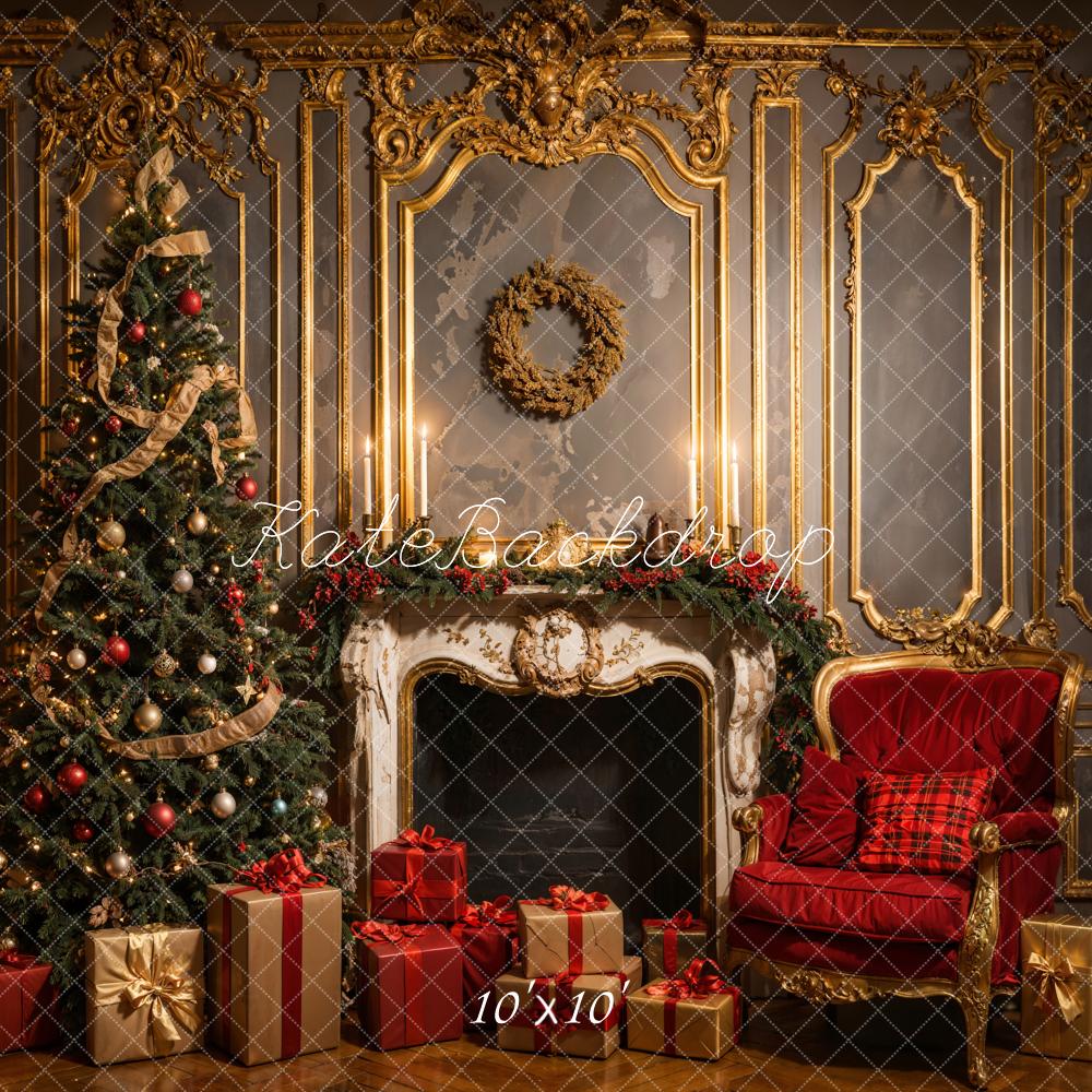 Kate Weihnachten Vintage Luxury White Fireplace Grey Golden Wall Hintergrund Entworfen von Emetselch - Kate Backdrop.de