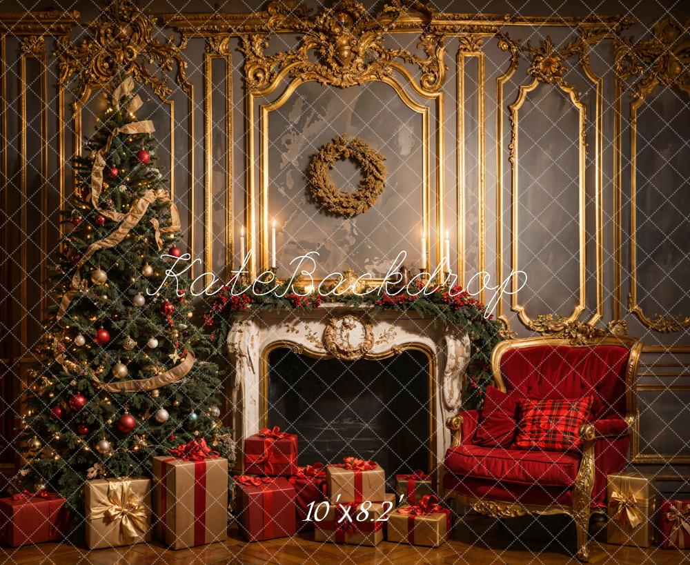 Kate Weihnachten Vintage Luxury White Fireplace Grey Golden Wall Hintergrund Entworfen von Emetselch - Kate Backdrop.de