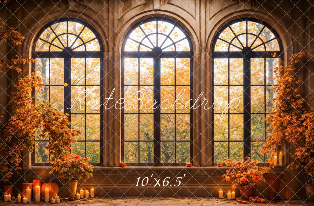 Kate Fall Forest Maple Leaves Black Arched Window Hintergrund Entworfen von Emetselch - Kate Backdrop.de