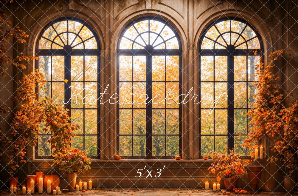 Kate Fall Forest Maple Leaves Black Arched Window Hintergrund Entworfen von Emetselch - Kate Backdrop.de