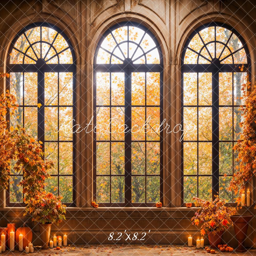 Kate Fall Forest Maple Leaves Black Arched Window Hintergrund Entworfen von Emetselch - Kate Backdrop.de