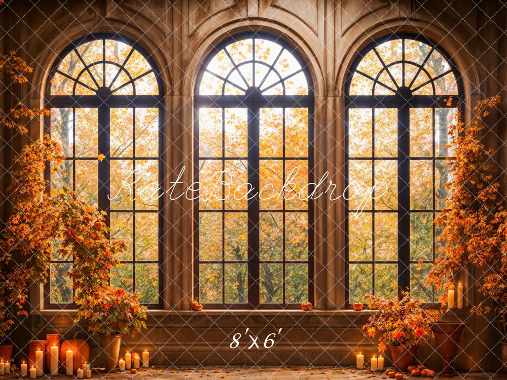 Kate Fall Forest Maple Leaves Black Arched Window Hintergrund Entworfen von Emetselch - Kate Backdrop.de