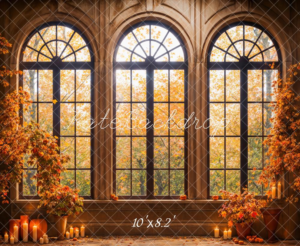 Kate Fall Forest Maple Leaves Black Arched Window Hintergrund Entworfen von Emetselch - Kate Backdrop.de