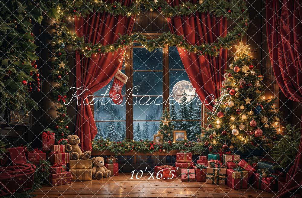 Kate Weihnachten Teddy Bär Roter Vorhang Schwarzer Rahmen Fenster Hintergrund Entworfen von Emetselch - Kate Backdrop.de