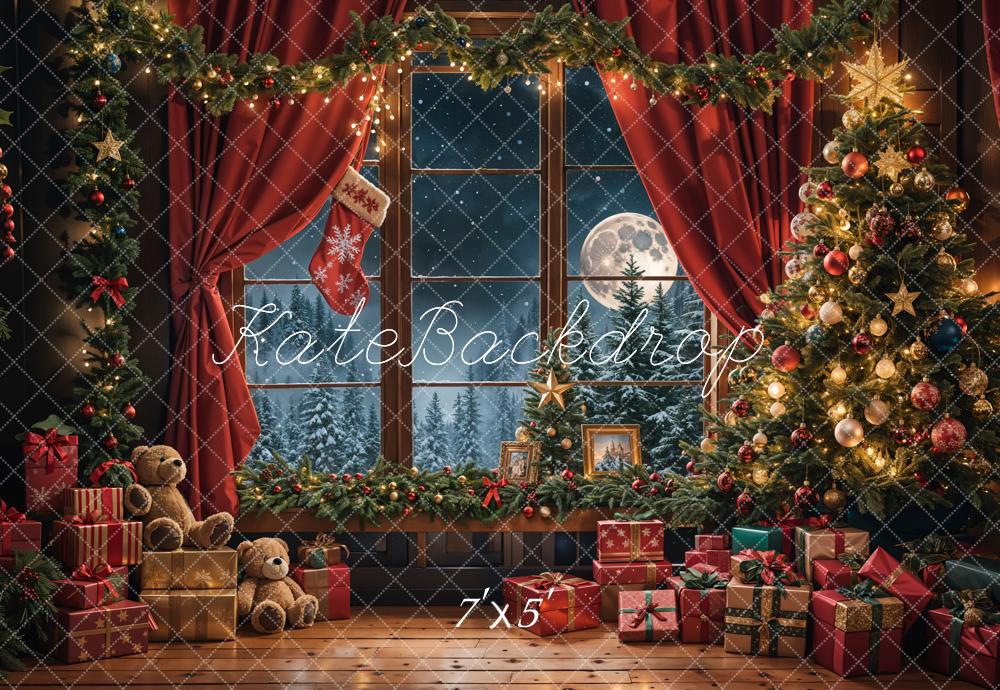 Kate Weihnachten Teddy Bär Roter Vorhang Schwarzer Rahmen Fenster Hintergrund Entworfen von Emetselch - Kate Backdrop.de