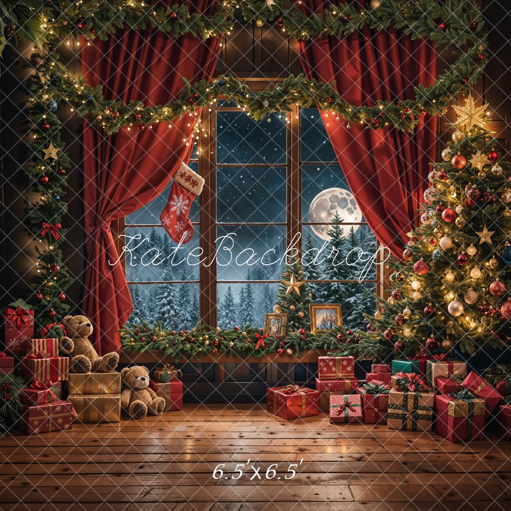 ⚡Blitzangebote #3-🚚Kate Weihnachten Teddy Bär Roter Vorhang Schwarzer Rahmen Fenster Hintergrund - Kate Backdrop.de