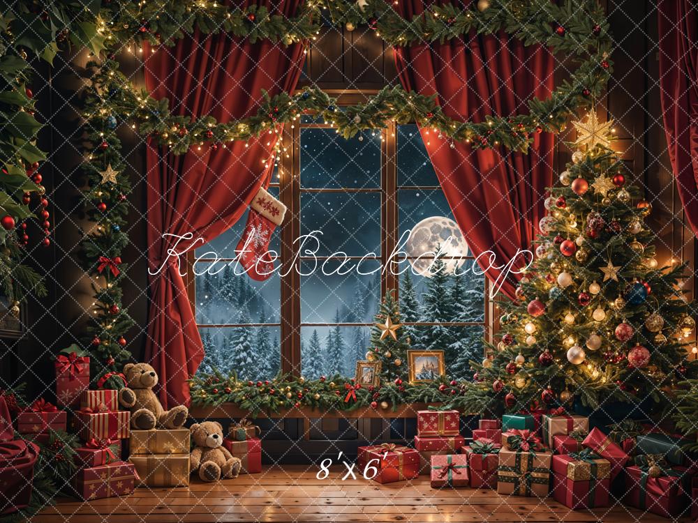 Kate Weihnachten Teddy Bär Roter Vorhang Schwarzer Rahmen Fenster Hintergrund Entworfen von Emetselch - Kate Backdrop.de