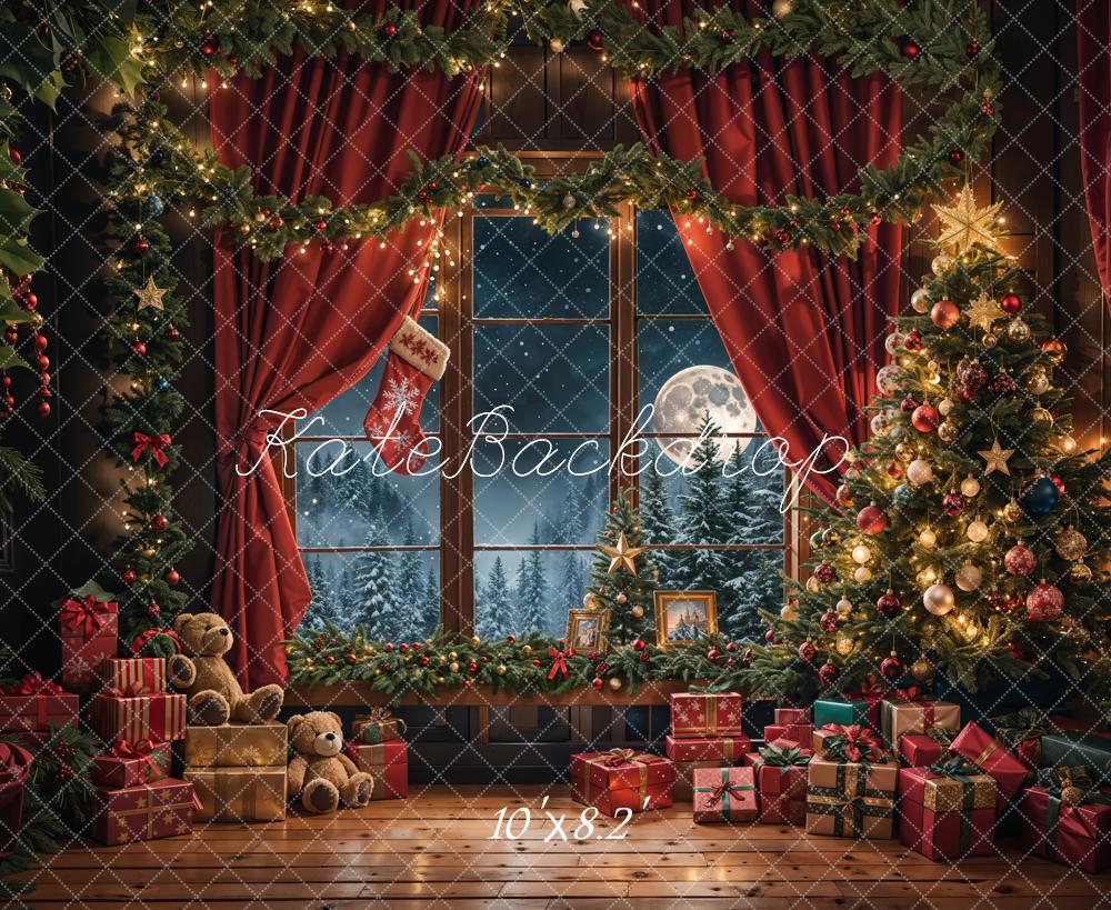 Kate Weihnachten Teddy Bär Roter Vorhang Schwarzer Rahmen Fenster Hintergrund Entworfen von Emetselch - Kate Backdrop.de
