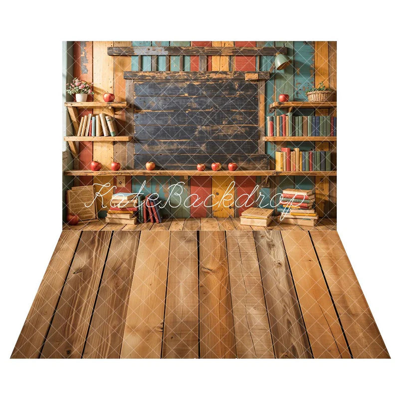 Kate Zurück zu Schule Bücherregal Dunkelbraun Holz Blackboard Hintergrund+Braun Holzboden Hintergrund - Kate Backdrop.de