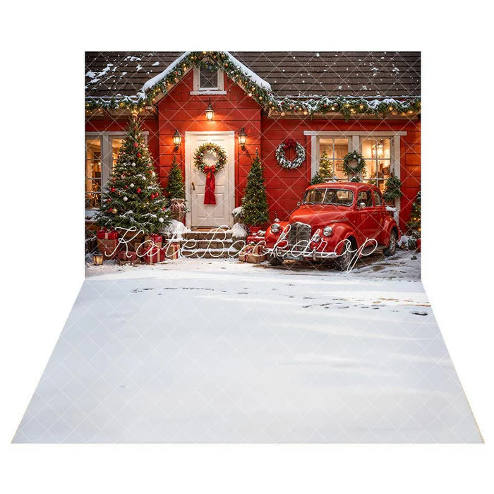 Kate Weihnachten Rotes Haus Auto Hintergrund +Winter Weiß Schnee Boden Hintergrund - Kate Backdrop.de