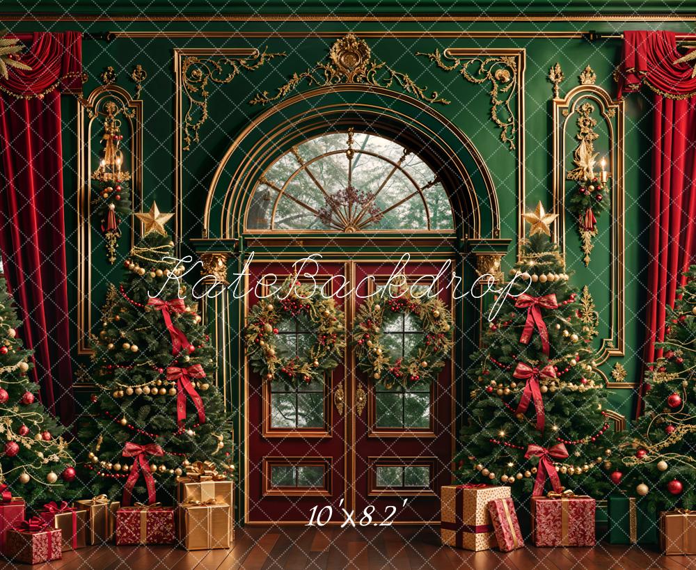 Kate Weihnachten Dunkelgrün Vintage Blumenbogen Fenster Hintergrund Entworfen von Emetselch - Kate Backdrop.de