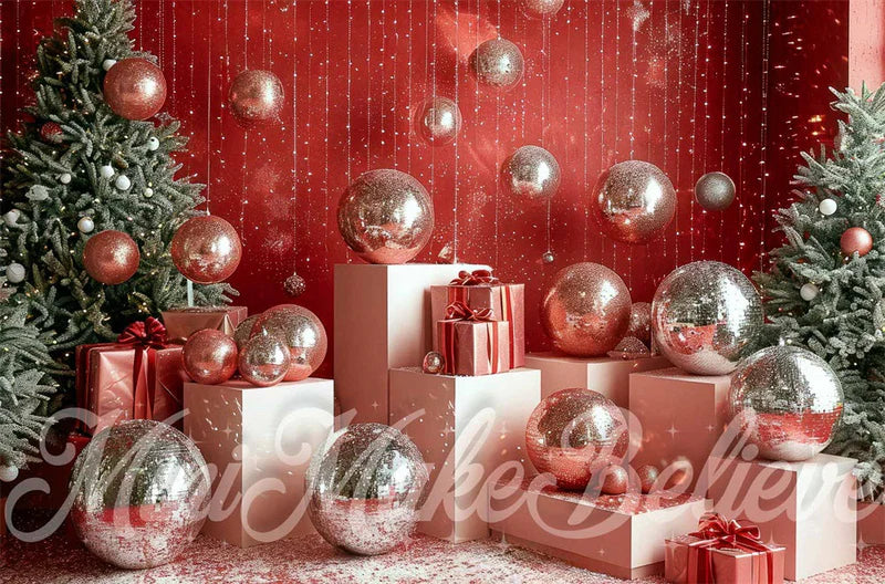 ⚡Blitzangebote #4-Kate Weihnachtsdisco Silberne Kugel Rote Wand hintergrund - Kate Backdrop.de