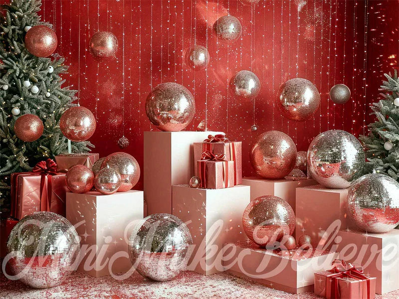 ⚡Blitzangebote #4-Kate Weihnachtsdisco Silberne Kugel Rote Wand hintergrund - Kate Backdrop.de