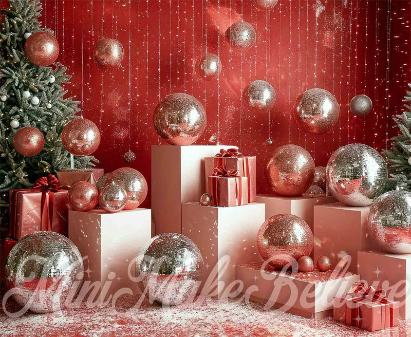 ⚡Blitzangebote #4-Kate Weihnachtsdisco Silberne Kugel Rote Wand hintergrund - Kate Backdrop.de