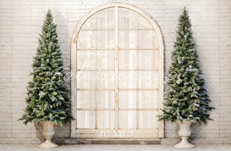 Kate Weihnachten-Baum Retro-Bogenfenster Backsteinmauer Hintergrund entworfen von Emetselch - Kate Backdrop.de