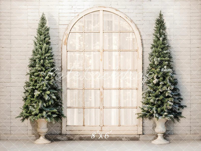 Kate Weihnachten-Baum Retro-Bogenfenster Backsteinmauer Hintergrund entworfen von Emetselch - Kate Backdrop.de