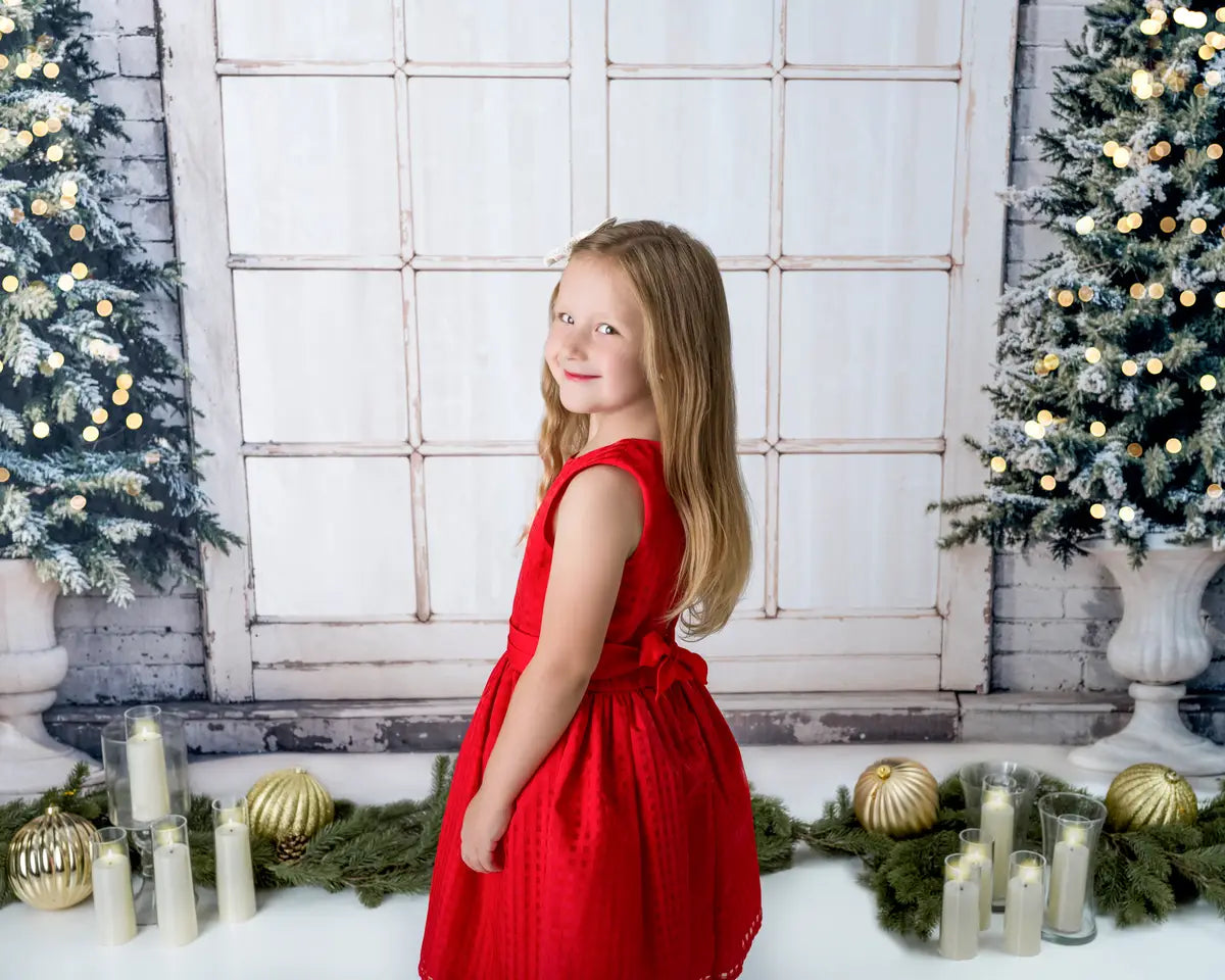 Kate Weihnachten-Baum Retro-Bogenfenster Backsteinmauer Hintergrund entworfen von Emetselch - Kate Backdrop.de