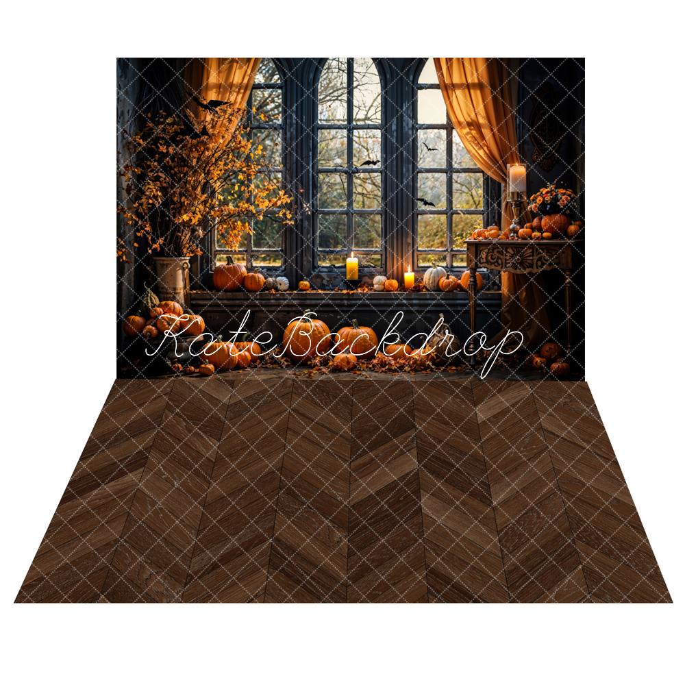 Kate Herbst-Halloween-Kürbis Schwarzes gewölbtes Fenster Hintergrund+Dunkelbrauner Fischgrätenholzboden Hintergrund - Kate Backdrop.de