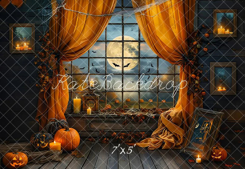 Kate Halloween Hintergrund Nacht Fledermaus Orangen Fenster Vorhang entworfen von Emetselch - Kate Backdrop.de