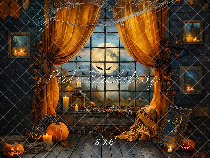 Kate Halloween Hintergrund Nacht Fledermaus Orangen Fenster Vorhang entworfen von Emetselch - Kate Backdrop.de