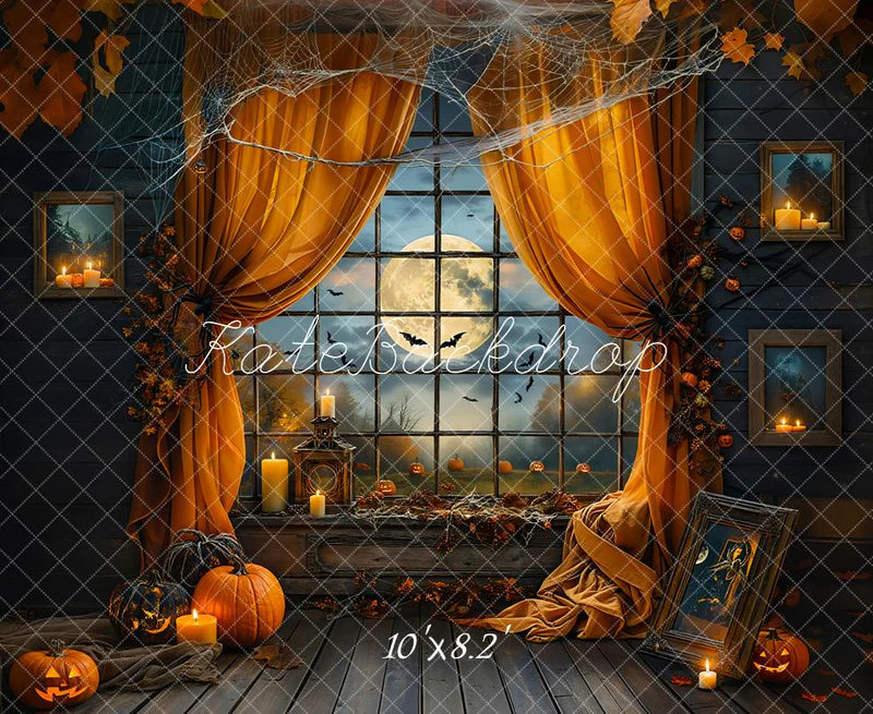 Kate Halloween Hintergrund Nacht Fledermaus Orangen Fenster Vorhang entworfen von Emetselch - Kate Backdrop.de