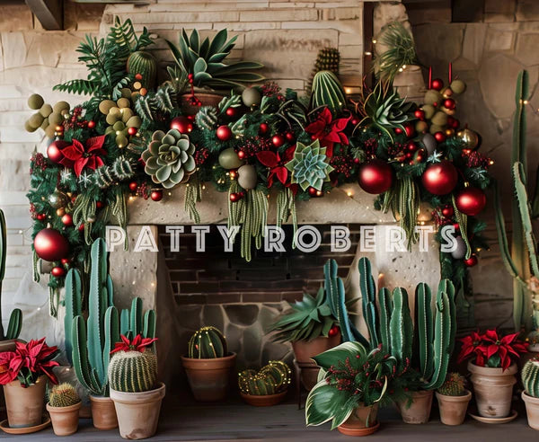 ⚡Blitzangebote #3-Kate Weihnachten Wild West Grüner Kaktus Ziegelstein Kamin Hintergrund Entworfen von Patty Robert - Kate Backdrop.de