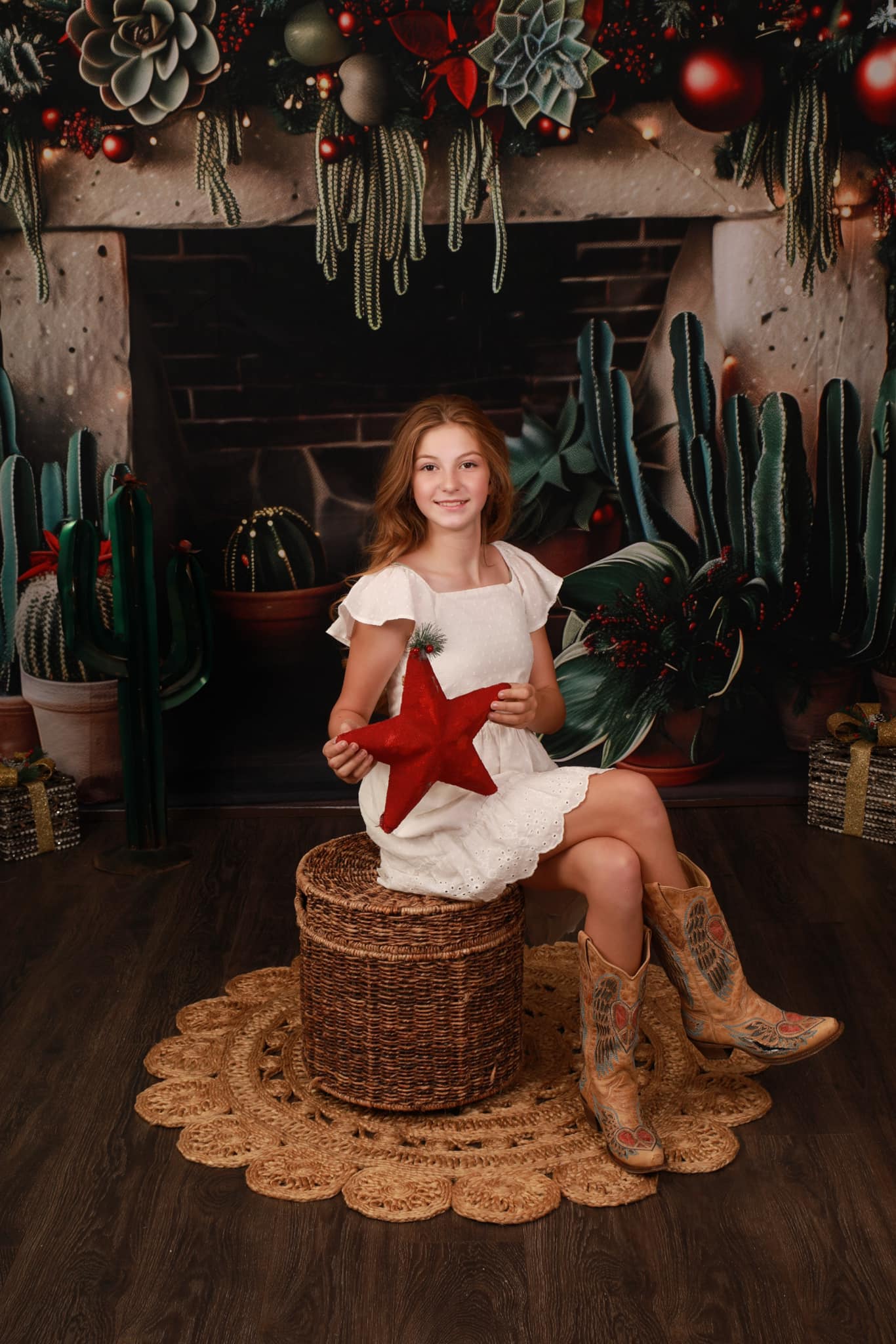 ⚡Blitzangebote #3-Kate Weihnachten Wild West Grüner Kaktus Ziegelstein Kamin Hintergrund Entworfen von Patty Robert - Kate Backdrop.de