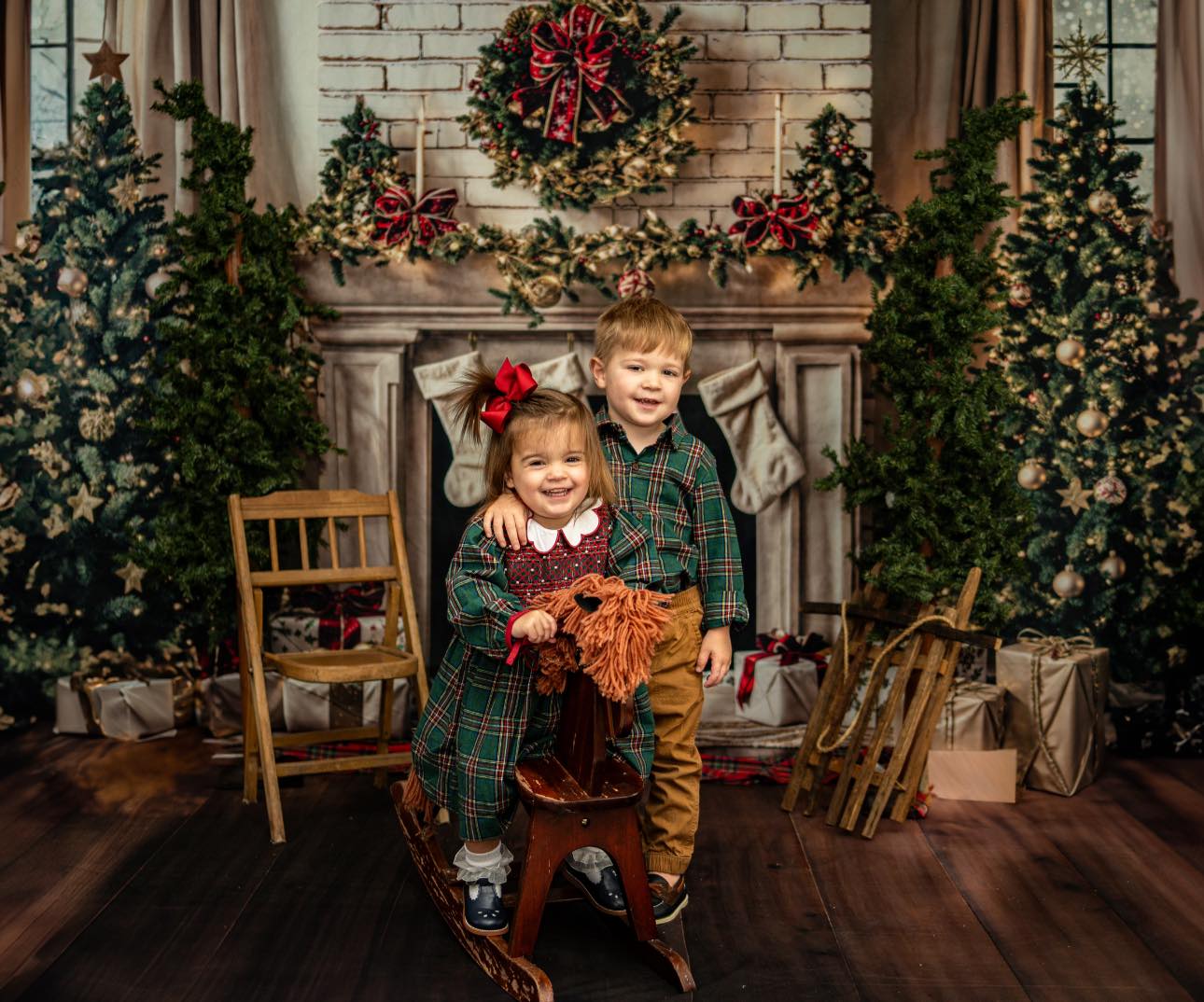 ⚡Blitzangebote #2-Kate Winter-Weihnachtsbaum-Weiß-Retro-Kamin-Hintergrund+Dunkelbraun-Holzboden-Hintergrund - Kate Backdrop.de