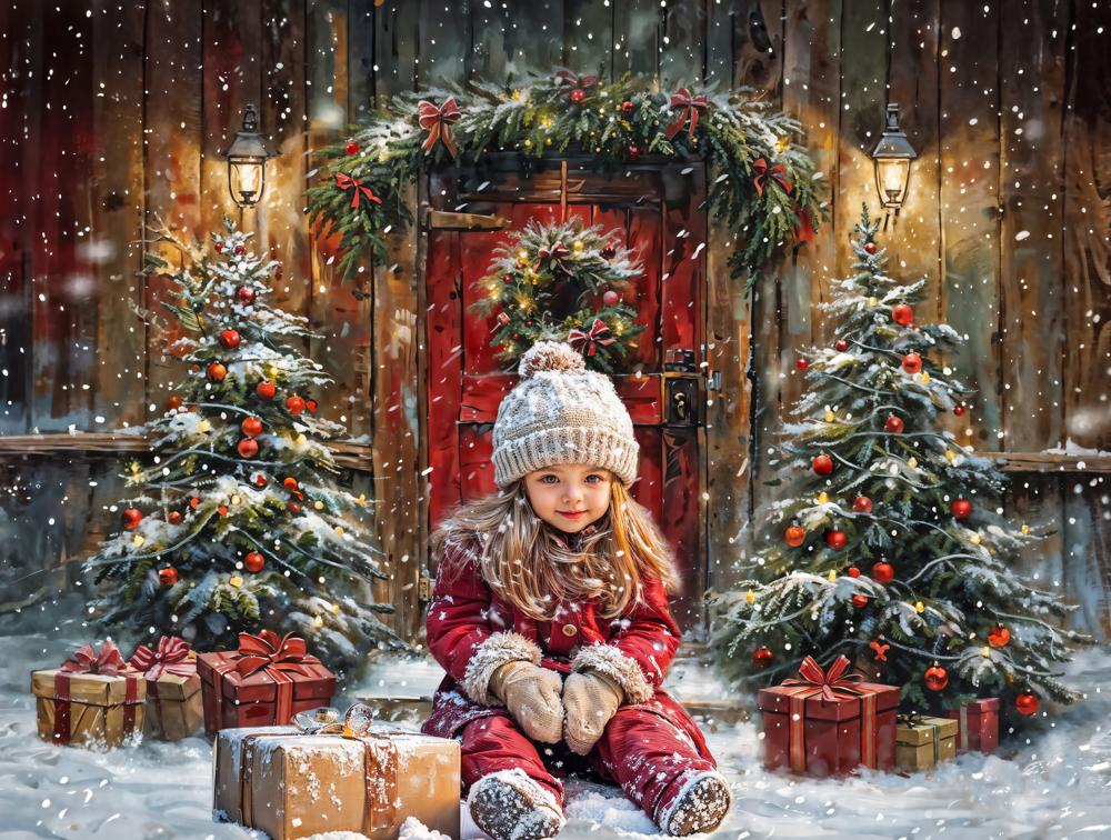 Kate Winter Weihnachten Rote Tür Holzhütte Hintergrund Entworfen von Chain - Kate Backdrop.de