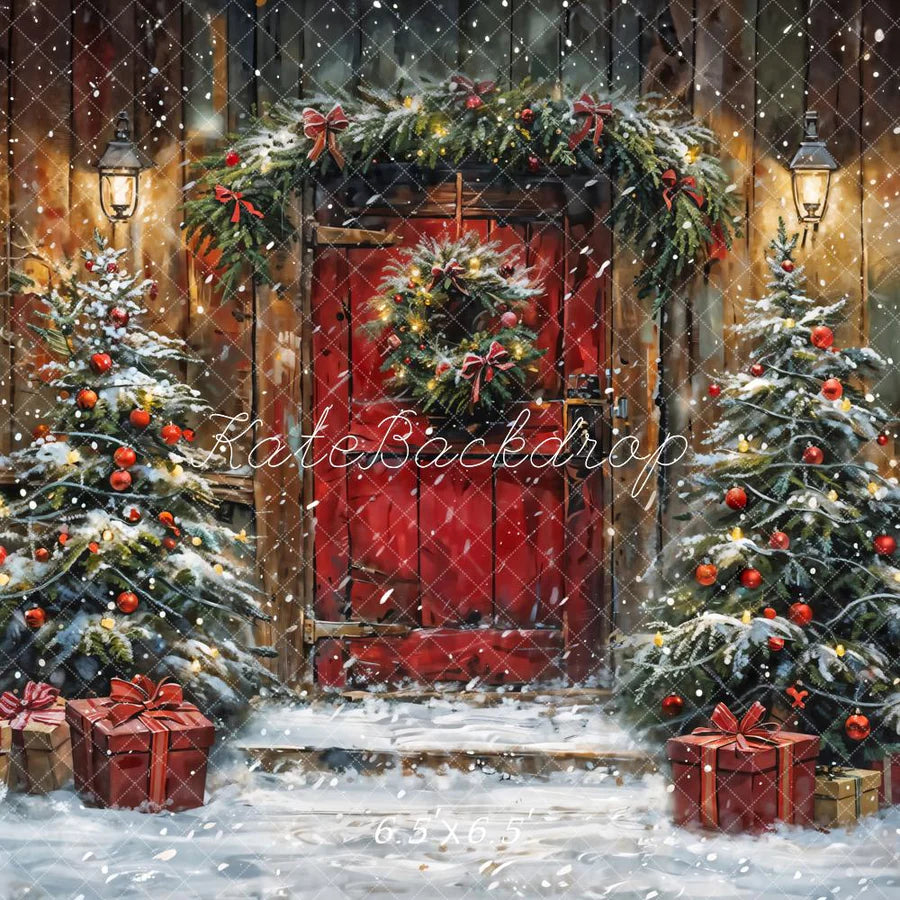 Kate Winter Weihnachten Rote Tür Holzhütte Hintergrund Entworfen von Chain - Kate Backdrop.de