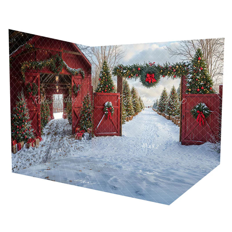 ⚡Blitzangebote #2-Kate Weihnachten Rote Scheune Schnee Gasse Wald Zimmer Set - Kate Backdrop.de