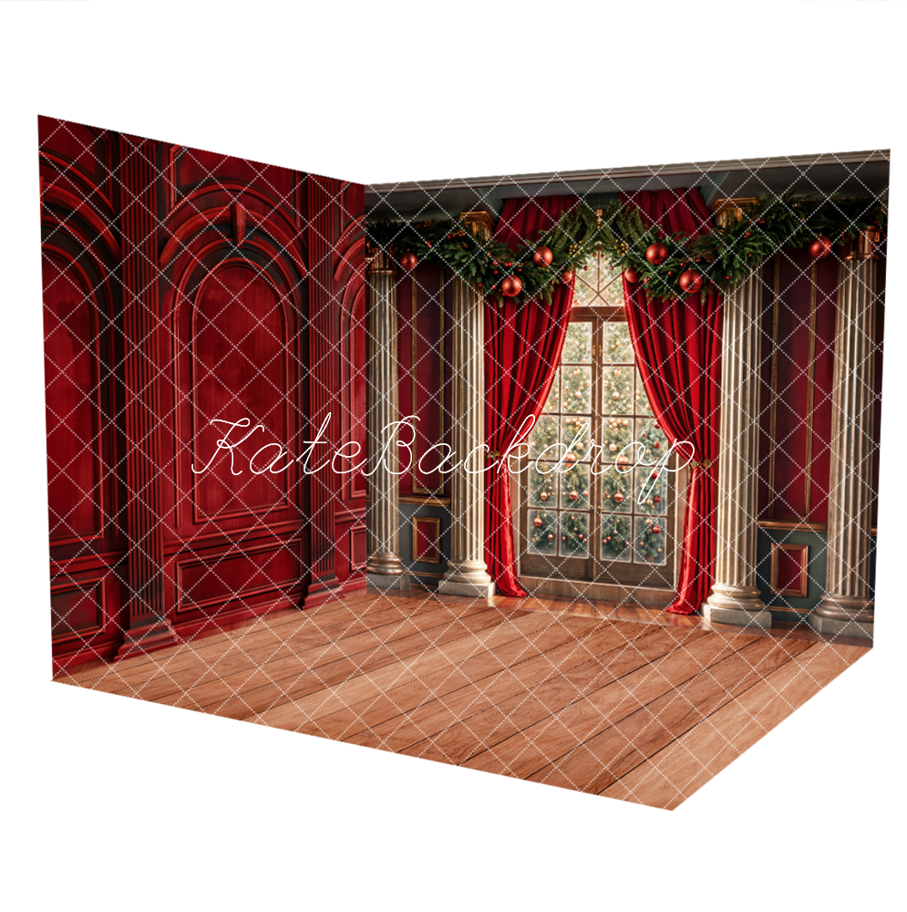 Kate Weihnachten Bogenfenster Rot Retro Wand Zimmer Set(8ftx8ft&10ftx8ft&8ftx10ft) - Kate Backdrop.de