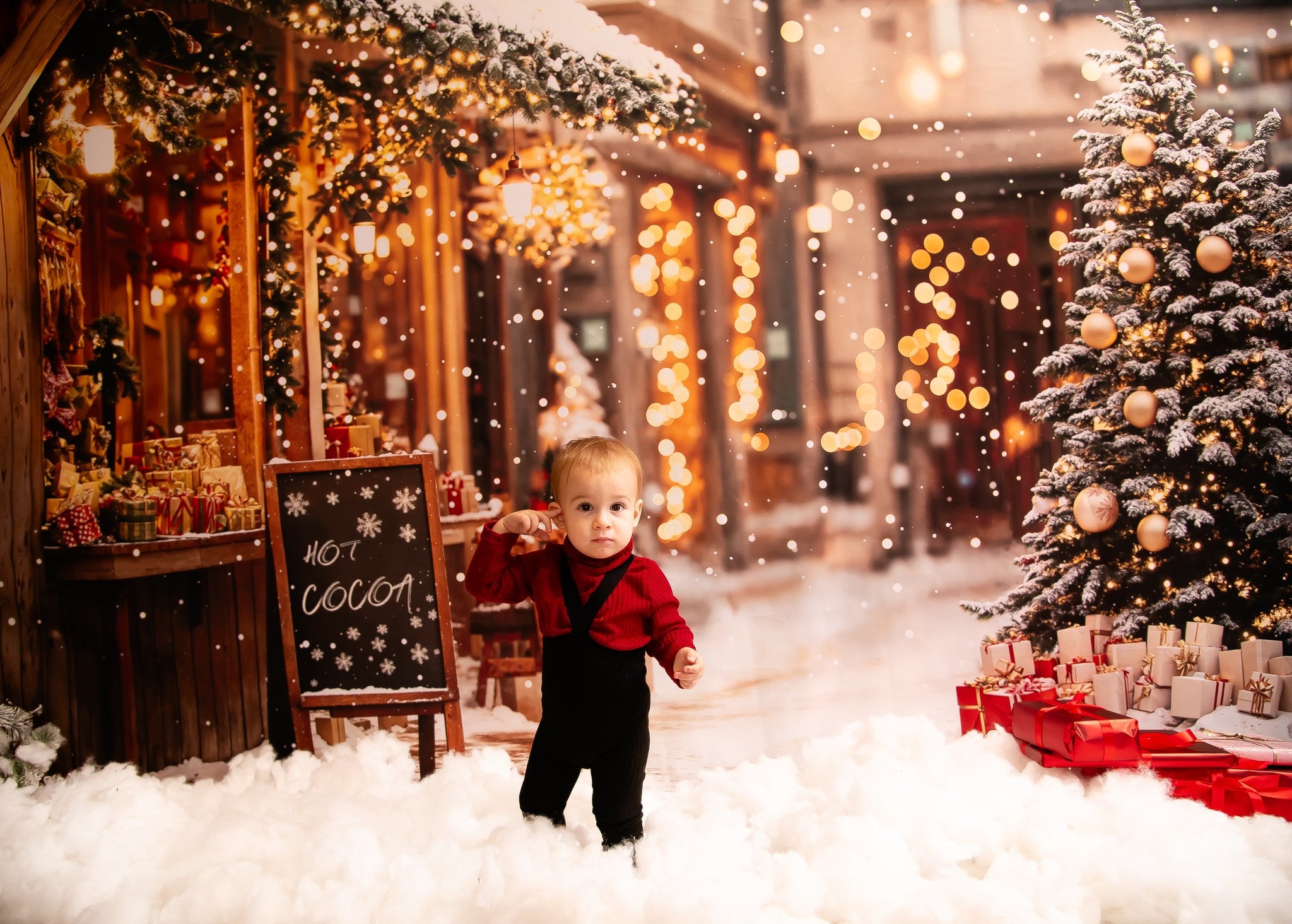 Kate Weihnachtsbaumstraße Heißer Kakao Laden Hintergrund Entworfen von Emetselch - Kate Backdrop.de
