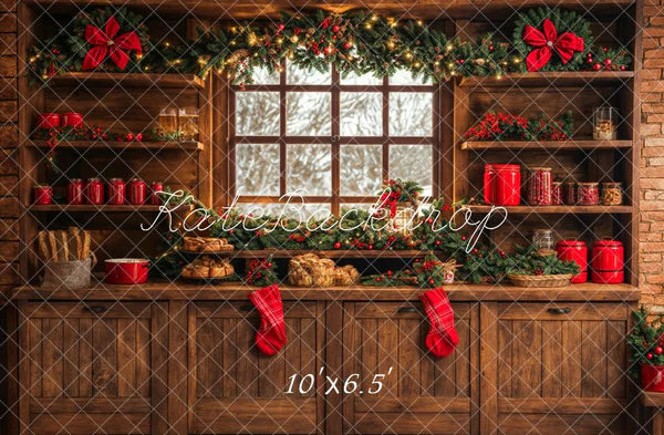 ⚡Blitzangebote #3-Kate Weihnachten Küche Braun Holz Schränke Rot Stocking Hintergrund entworfen - Kate Backdrop.de