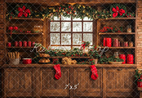 ⚡Blitzangebote #3-Kate Weihnachten Küche Braun Holz Schränke Rot Stocking Hintergrund entworfen - Kate Backdrop.de