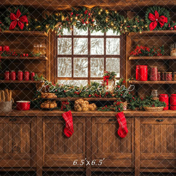⚡Blitzangebote #3-Kate Weihnachten Küche Braun Holz Schränke Rot Stocking Hintergrund entworfen - Kate Backdrop.de