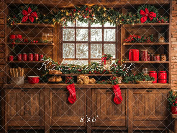⚡Blitzangebote #3-Kate Weihnachten Küche Braun Holz Schränke Rot Stocking Hintergrund entworfen - Kate Backdrop.de
