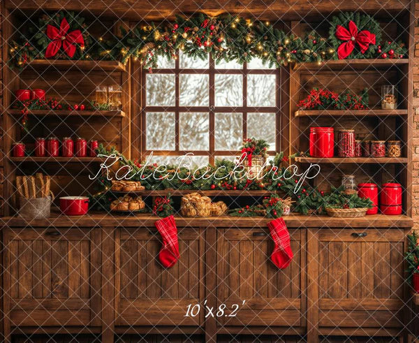 ⚡Blitzangebote #3-Kate Weihnachten Küche Braun Holz Schränke Rot Stocking Hintergrund entworfen - Kate Backdrop.de