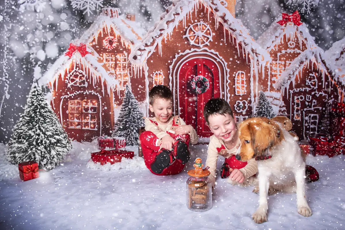 ⚡Blitzangebote #1-Kate Weihnachten Pfefferkuchenhäuser Schneeig Hintergrund + Winter-Schneeboden Hintergrund für Fotografie - Kate Backdrop.de