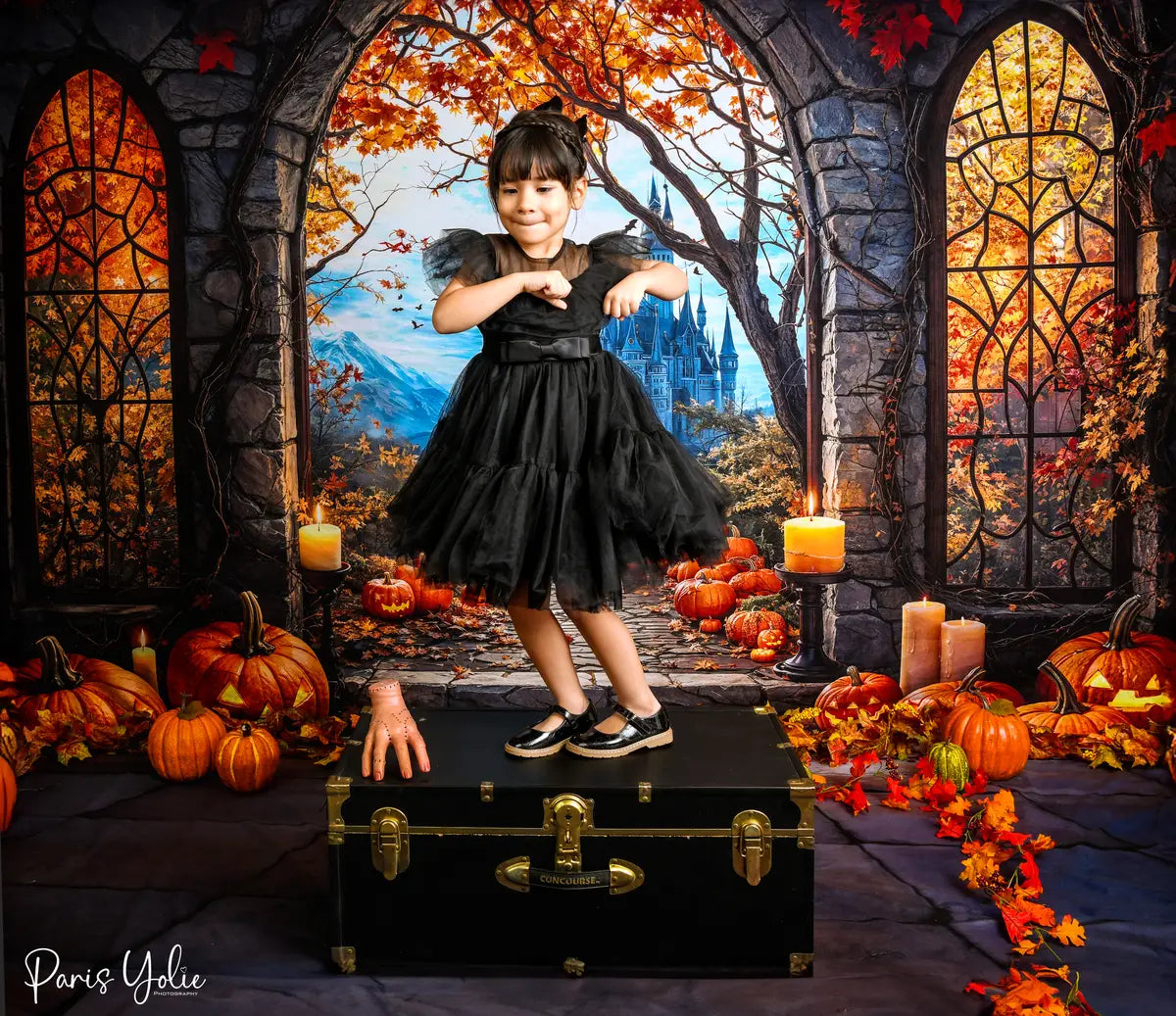 Kate Halloween Bogen Ahorn Schloss Kürbis Hintergrund+Steinboden Hintergrund - Kate Backdrop.de